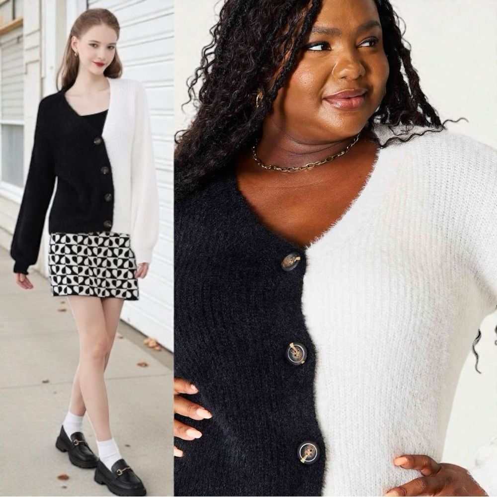 Black & White Contrast Button-Front V-Neck Cardigan NEW - Woven Right - Picture 8 of 13